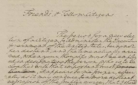 The text of George Washington’s Farewell Address. (Courtesy the National Archives)
