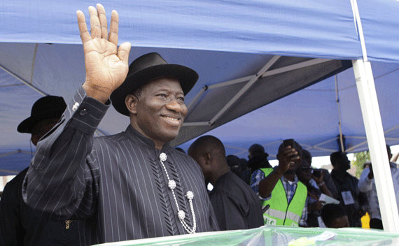 Nigerian President Goodluck Jonathan casts his ballot in his home village of Otuke, Bayelsa state on April 16, 2011. 