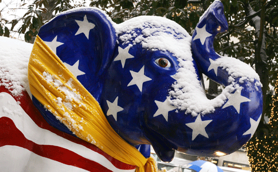 A snow-covered porcelain elephant, painted to represent the Republican party. (Jim Young/courtesy Reuters)