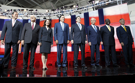 Republican presidential candidates (L-R): Rick Santorum, Newt Gingrich, Michele Bachmann, Mitt Romney, Rick Perry, Ron Paul, Herman Cain, and Jon Huntsman stand on stage before the start of the Reagan Centennial GOP presidential primary debate on September 7, 2011. (Mario Anzuoni/courtesy Reuters)