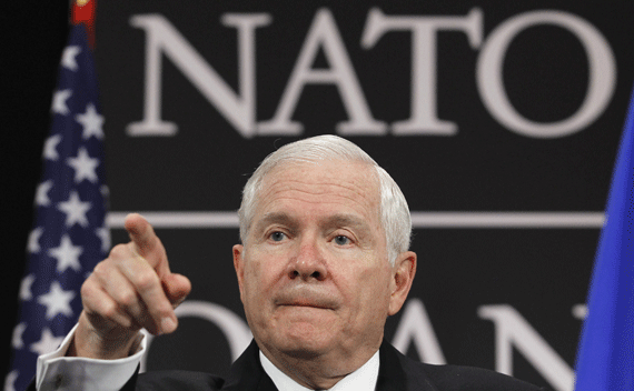 Secretary of Defense Robert Gates addresses a news conference at the end of a NATO defence ministers meeting at the Alliance headquarters in Brussels on June 9, 2011. (Thierry Roge/courtesy Reuters)