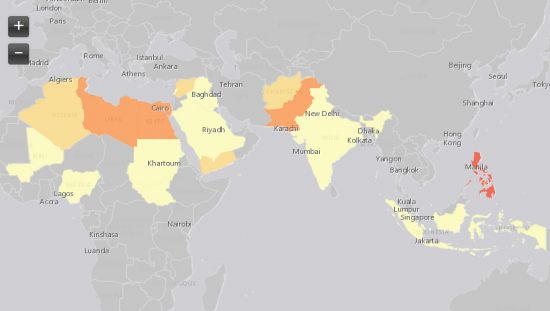 Source: IntelCenter, Map showing the Islamic State’s affiliates (red= 5 or more groups; dark orange= 4-5 groups; orange=2-3 groups; yellow 1 group) 