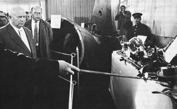 Soviet Premier Nikita Khrushchev examines the wreckage of the downed U.S. U-2 spy plane in 1960.