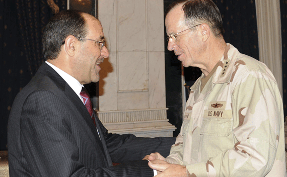 Iraqi Prime Minister Nuri al-Maliki shakes hands with Chairman of the Joint Chiefs of Staff U.S. Navy Admiral Michael Mullen in Baghdad