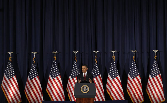 President Barack Obama speaks about the conflict in Libya during an address at the National Defense University on March 28, 2011. 