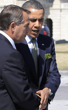 President Barack Obama shakes hands with House Speaker John Boehner (R-Ohio). (Jonathan Ernst/courtesy Reuters) 