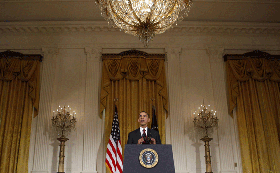 President Barack Obama makes remarks about the situation in Libya in the East Room of the White House on March 18, 2011. 