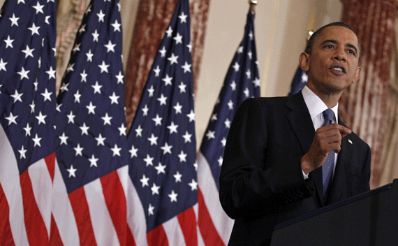 President Barack Obama delivers a speech about U.S. policy in the Middle East and North Africa today at the State Department on May 19, 2011.