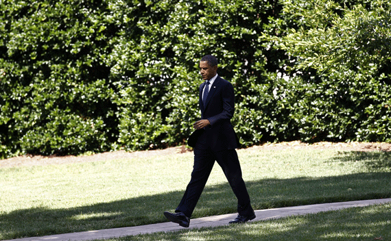 President Barack Obama walks to board Marine One on the South Lawn at the White House. (Jim Young/courtesy Reuters)