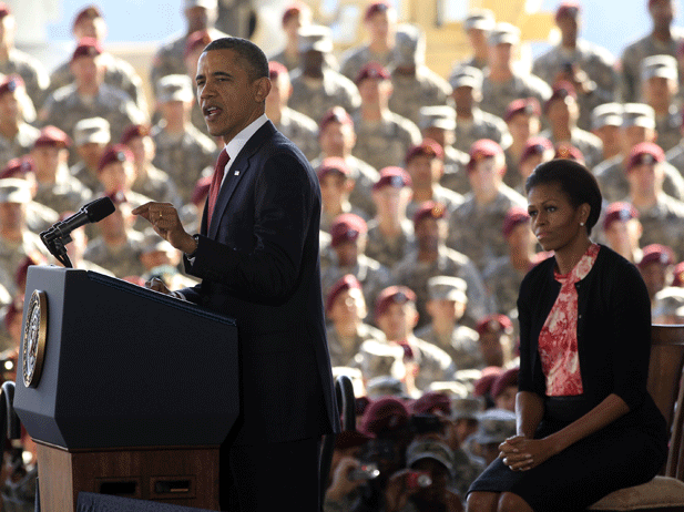 President Barack Obama speaks to soldiers from the U.S. 10th Mountain Division during his visit to Fort Drum in New York on June 23, 2011.