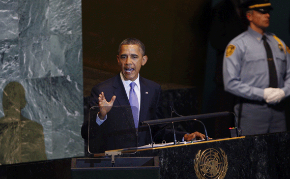U.S. President Barack Obama addresses the 66th United Nations General Assembly at the U.N. headquarters in New York, September 21, 2011. REUTERS/Jessica Rinaldi