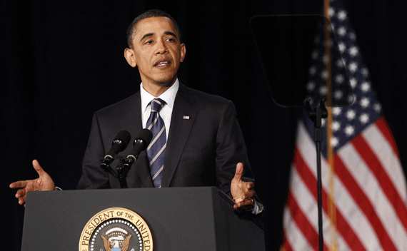 President Barack Obama delivers a speech on the U.S. fiscal and budgetary deficit policy at the George Washington University on April 13, 2011.