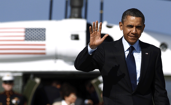 President Barack Obama steps off Marine One at Los Angeles International Airport on April 22, 2011.