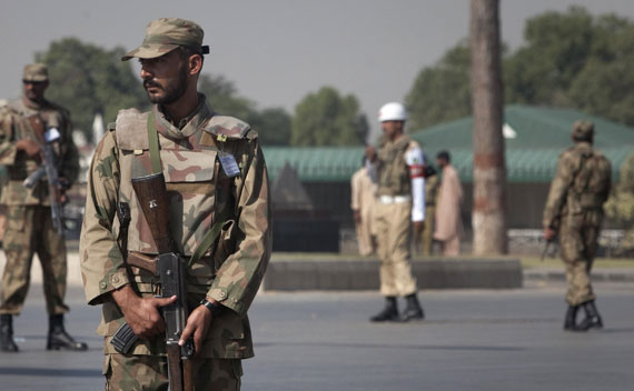 Armed soldiers stand guard outside Pakistan’s army headquarters in Rawalpindi