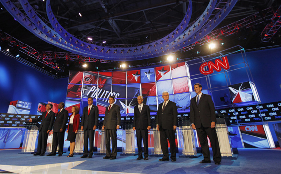 Republican presidential hopefuls take the stage before the Tea Party Republican presidential candidates debate in Tampa, FL (Scott Audette/courtesy Reuters)