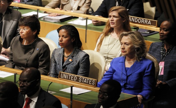  White House senior advisor Jarrett, U.S. Ambassador to the UN Rice and U.S. Secretary of State Clinton listen as U.S. President Obama speaks at the United Nations General Assembly on September 23, 2010 (Jason Reed/Courtesy Reuters)