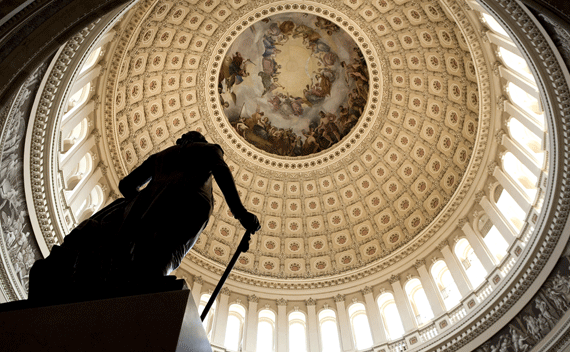 A statue stands in Capitol Rotunda on Capitol Hill in Washington July 31, 2011. U.S. lawmakers were close to a last-gasp $3 trillion deal on Sunday to raise the borrowing limit and assure financial markets that the United States will avoid a potentially catastrophic default. REUTERS/Joshua Roberts