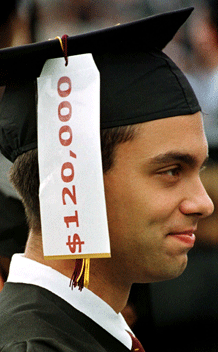 Political science major Paul Fabsik wears a price tag hanging from his mortarboard estimating the cost of his education during commencement ceremonies at Boston College in Newton, Massachusetts on May 24th. The annual undergraduate tuition at Boston College is $29,839, including room and board. (Brian Snyder/courtesy Reuters)