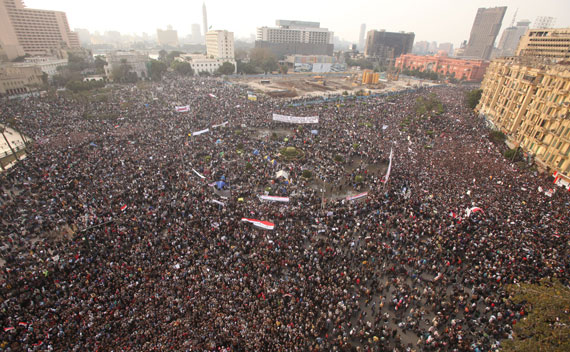 Protesters take part in an anti-Mubarak protest at Tahrir square in Cairo. 