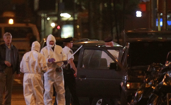 Crime scene investigators examine a Nissan Pathfinder that was packed with bomb materials in Times Square.