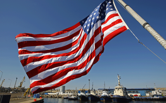 An American flag flown from the USS Monterey.