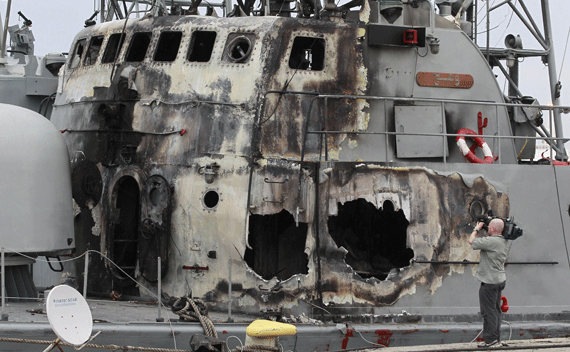 A Libyan warship damaged by NATO airstrikes in Tripoli’s sea port on May 20, 2011.
