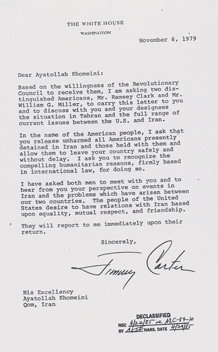 Letter from Jimmy Carter to Ayatollah Ruhollah Khomeini regarding the Release of the Iranian Hostages, 11/06/1979 (ARC Identifier: 593939); File Unit: Iran: 11/1-14/79; JC-NSA: Records of the Office of the National Security Advisor (Carter Administration), 1977 - 1981; Jimmy Carter Library, Atlanta, GA; National Archives and Records Administration.