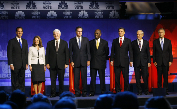 Republican candidates at last night’s primary debate in Michigan. (Rebecca Cook/courtesy Reuters)