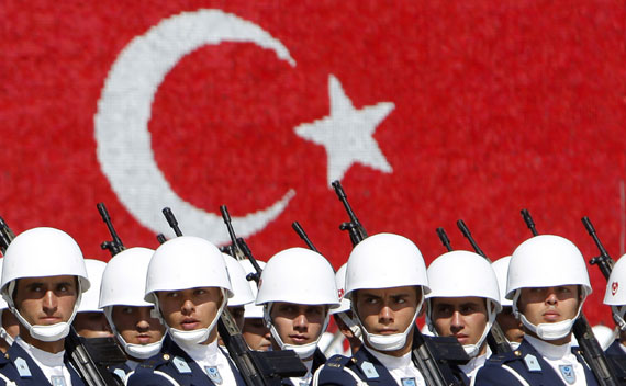 Turkish air force cadets march during a graduation ceremony for 197 cadets at the Air Force war academy in Istanbul