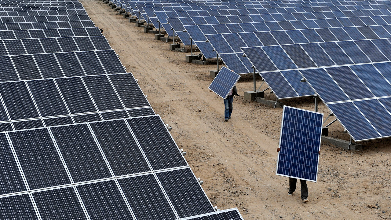 Two workers, surrounded by rows of solar panels, carry solar panels.