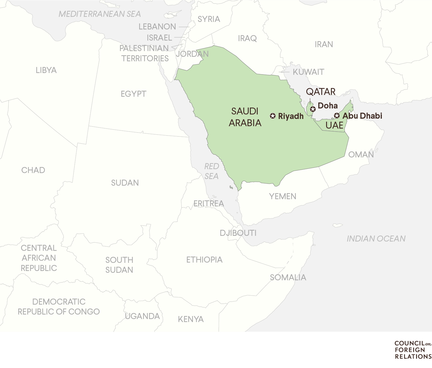 A map highlighting Saudi Arabia, Qatar, and the United Arab Emirates