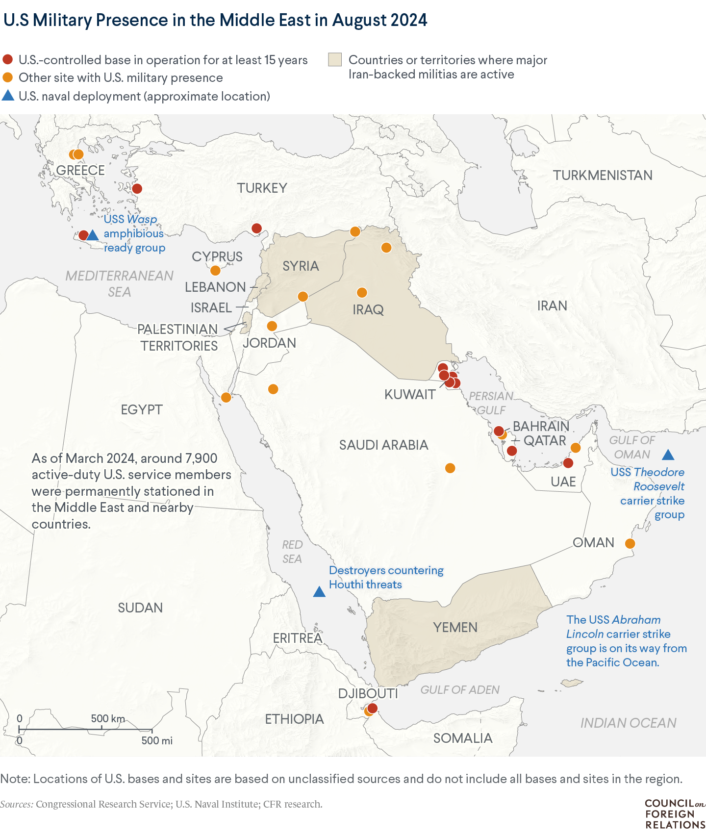 A map of the Middle East showing the U.S. military presence, including bases in several countries and naval deployments