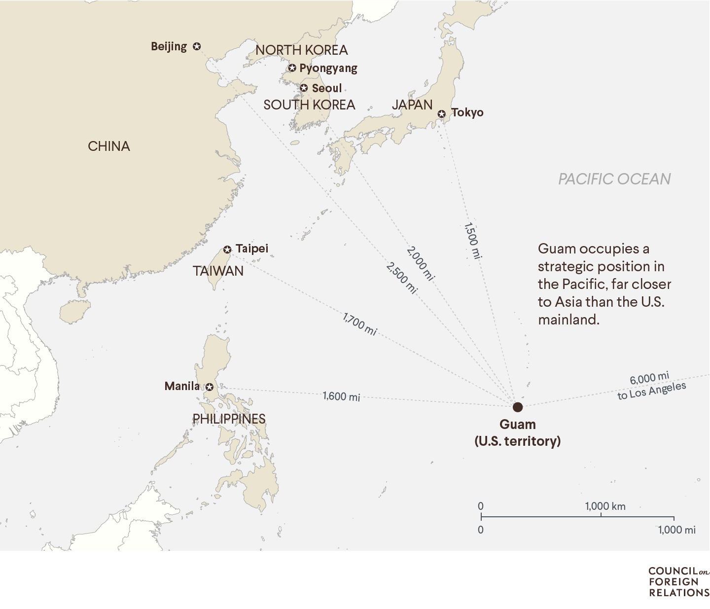 A map of the Pacific showing the strategic position of Guam near Asia