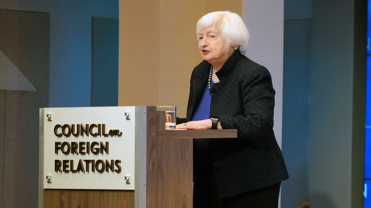 U.S. Secretary of the treasury Janet Yellen speaks atop the Council on Foreign Relations stage in Manhattan, New York