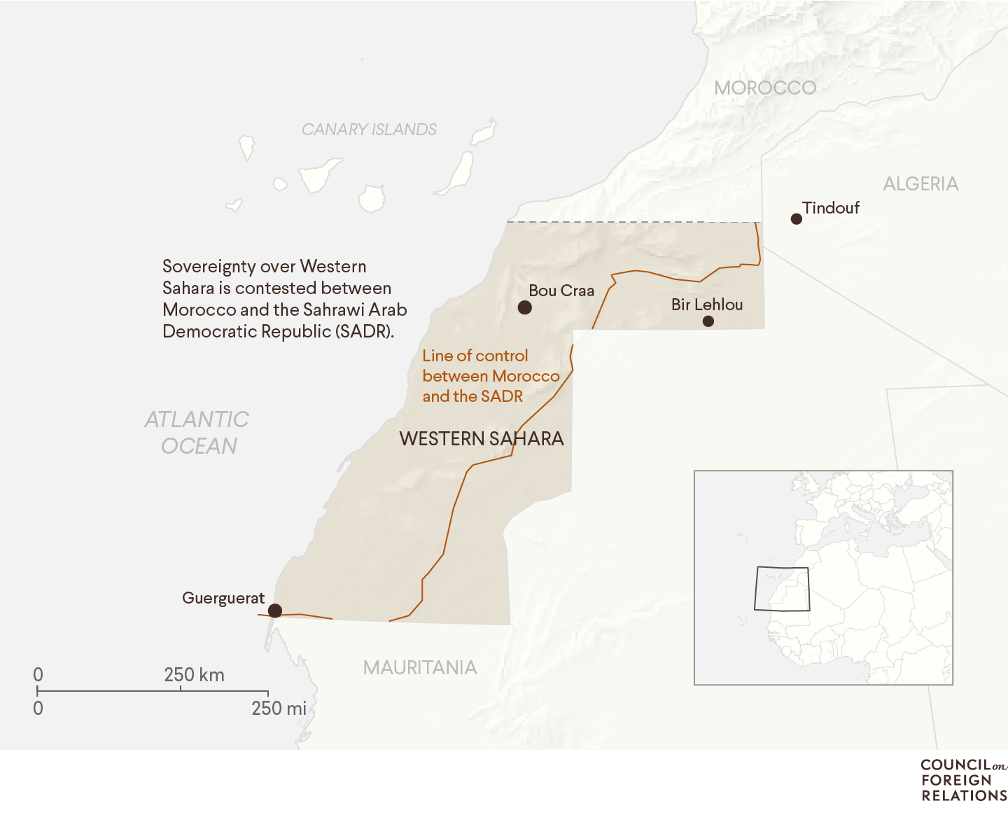 A map of Western Sahara showing the line of control between Morocco and the SADR