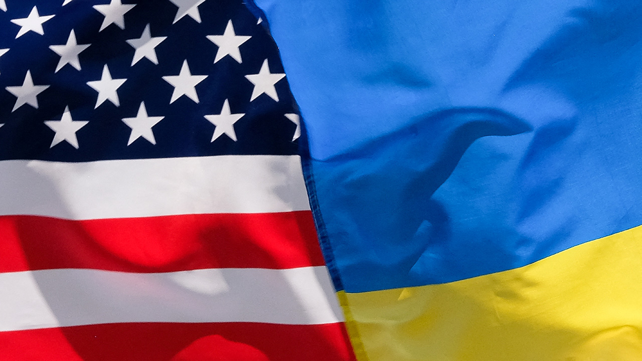 The American and Ukrainian flags wave next to each during an Independence Day parade in Washington D.C., U.S.