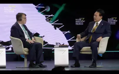 Scott A. Snyder interviews South Korean President Yoon Suk Yeol at a conference held by the Future Investment Initiative on October 24, 2023, in Riyadh, Saudi Arabia.