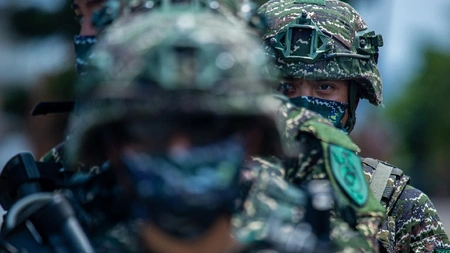 A Taiwanese soldier stands in a line during the Han Kuang military exercise