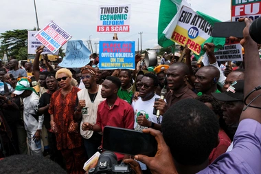 Organizers address the press, as anti-government demonstrations against bad governance and economic hardship continue, in Lagos, Nigeria on August 5, 2024.