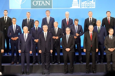 Britain's Prime Minister Sir Keir Starmer joins US President Joe Biden and Nato Secretary General Jens Stoltenberg and other NATO leaders for a family photograph at the NATO 75th anniversary summit at the Walter E. Washington Convention Center, in Washington DC, US, July 10, 2024.