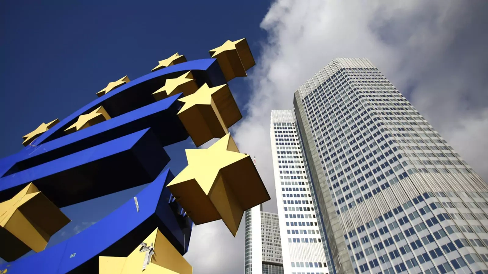 A euro currency sign advertises the European Central Bank (ECB) headquarters in Frankfurt, Germany.