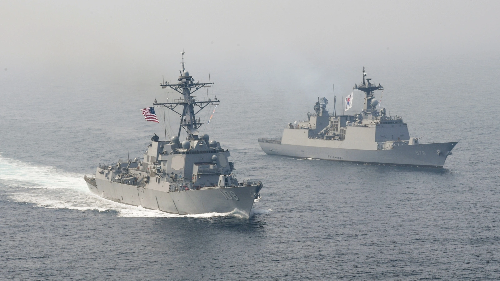 The U.S. Navy Arleigh Burke-class guided-missile destroyer USS Wayne E. Meyer sails alongside South Korean multirole guided-missile destroyer Wang Geon during a bilateral exercise in the western Pacific Ocean. April 25, 2017.