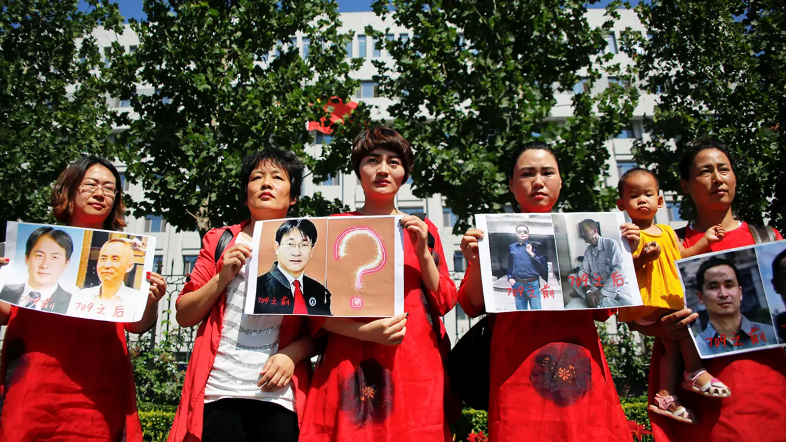 Relatives of detained rights lawyers and activists protest in front of the Supreme People’s Procuratorate in Beijing, July 7, 2017. 