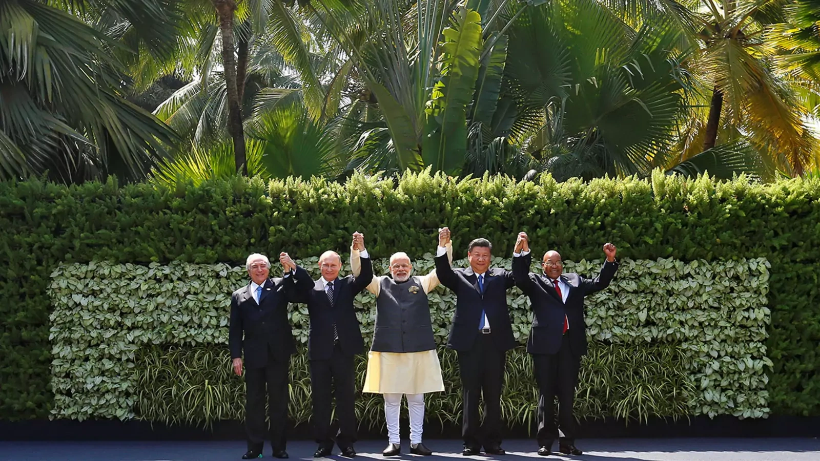 Leaders of the BRICS pose for a group photo during an October 2016 summit in India.