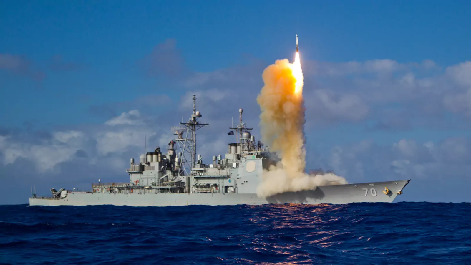 An SM-3 interceptor is launched from a guided-missile cruiser during a Missile Defense Agency and U.S. Navy test in the mid-Pacific.