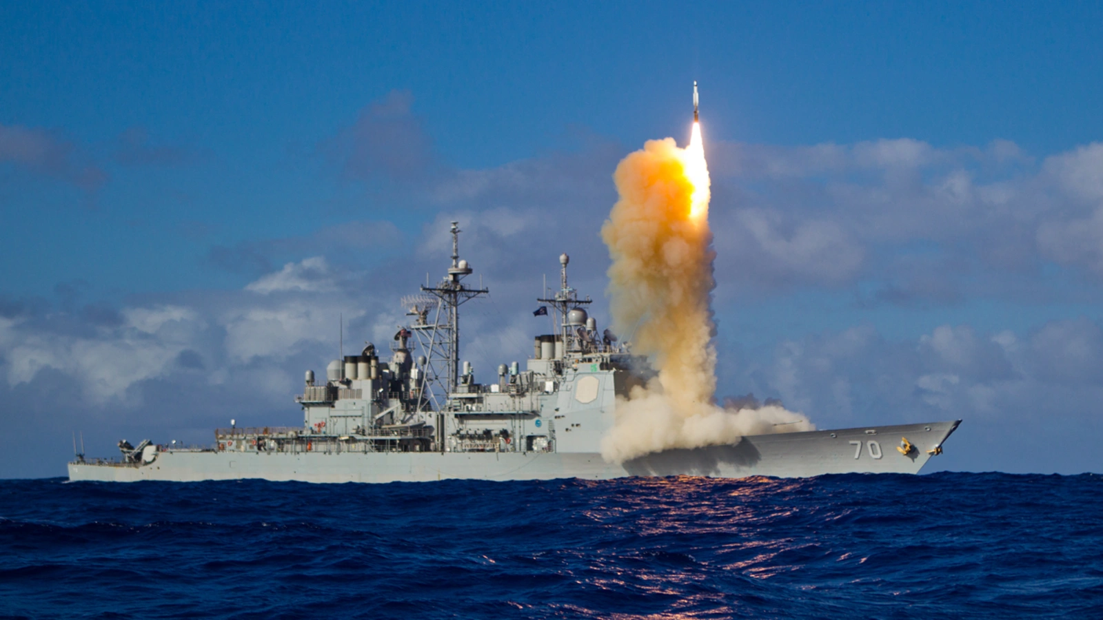 An SM-3 interceptor is launched from a guided-missile cruiser during a Missile Defense Agency and U.S. Navy test in the mid-Pacific.