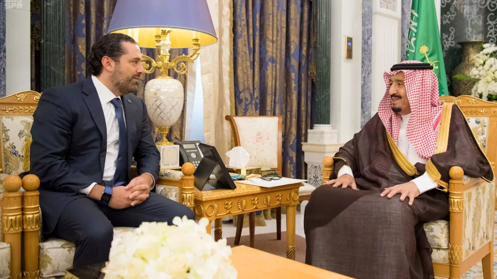 King Salman meets with Saad Hariri in Riyadh.