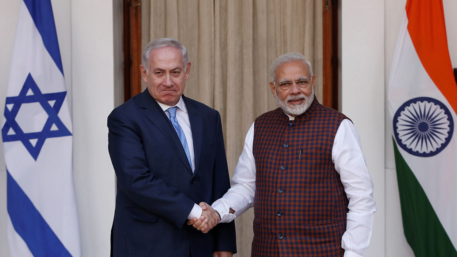 Israeli Prime Minister Benjamin Netanyahu meets Indian Prime Minister Narendra Modi.