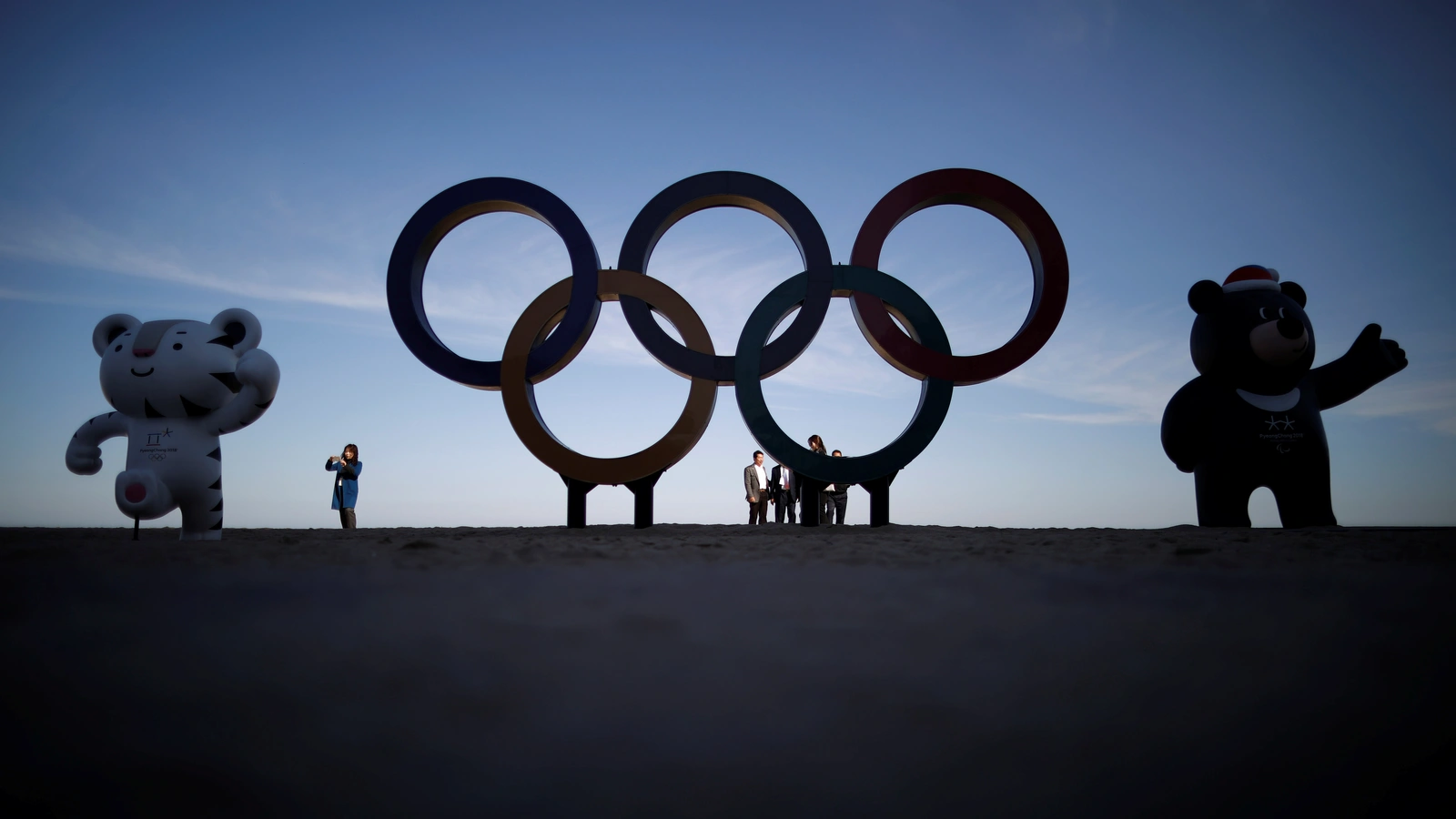 The Olympic Rings and 2018 mascots on display in Gangneung, South Korea.