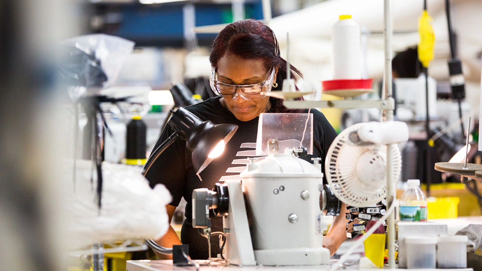 A factory worker at the New Balance Shoe Factory in Lawrence, Massachusetts.